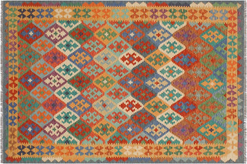 Flat Weave Kilim, Antique, Navaho, Vintage, Handmade, Geometric Kilim Rust Gold Hand-Woven Rectangle 100% Wool Area Rug 6 x 8